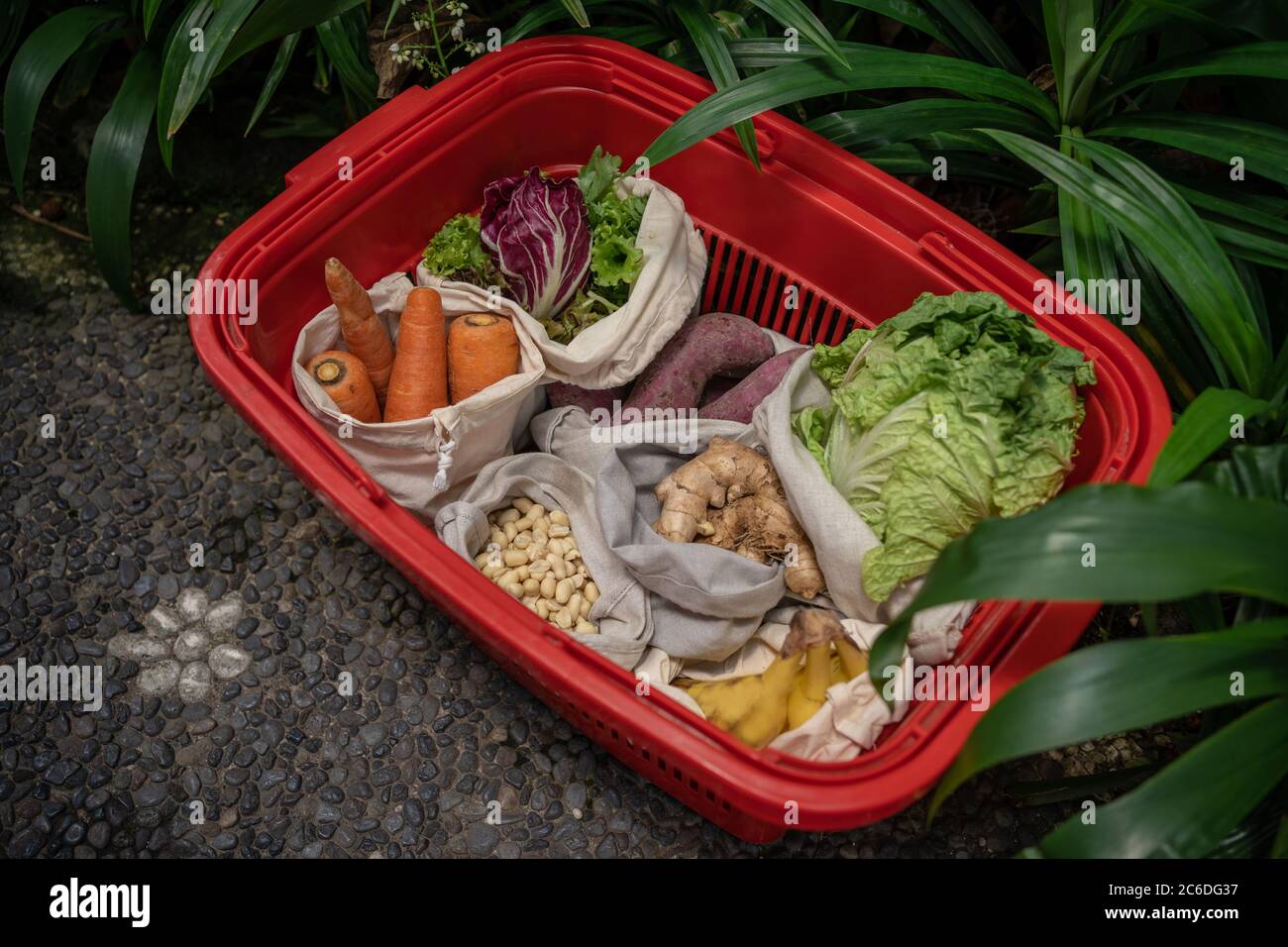 eco friendly and reusable zero waste cotton bags in basket Stock Photo