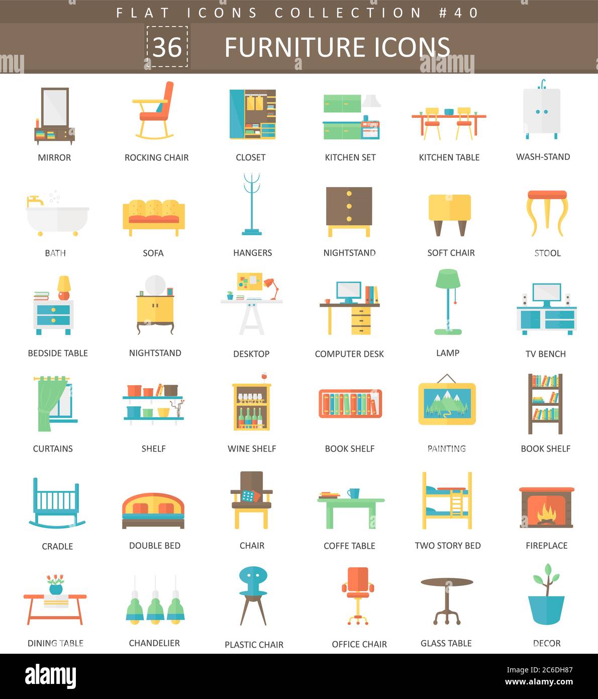 Vector interior Furniture color flat icon set. Elegant style design ...
