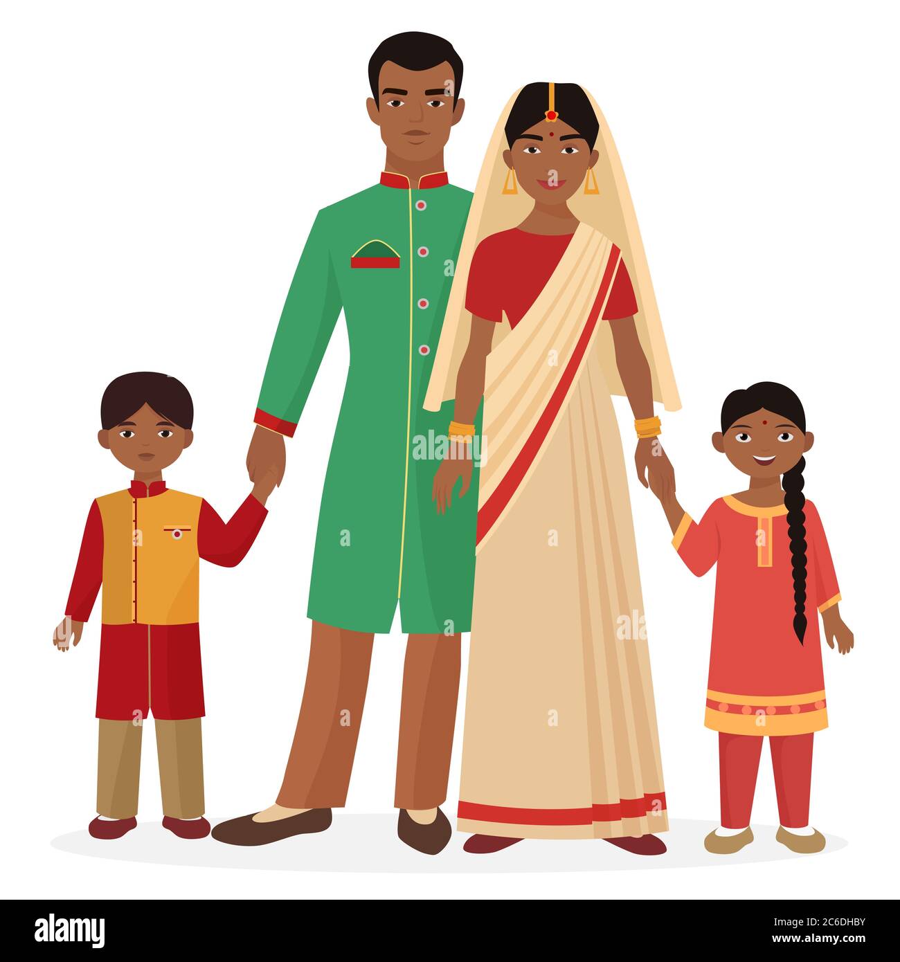 Indian family. Indian man and woman with boy and girl kids in traditional national clothes Stock Vector