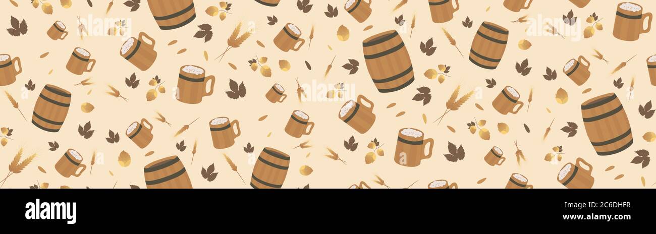 Seamless pattern beer topic: barrel, mug, hop Stock Vector