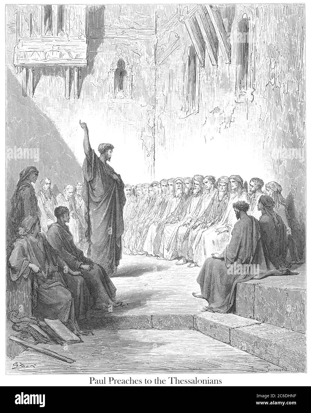 St. Paul Preaching to the Thessalonians [1 Thessalonians 2:11-12] From the book 'Bible Gallery' Illustrated by Gustave Dore with Memoir of Dore and Descriptive Letter-press by Talbot W. Chambers D.D. Published by Cassell & Company Limited in London and simultaneously by Mame in Tours, France in 1866 Stock Photo