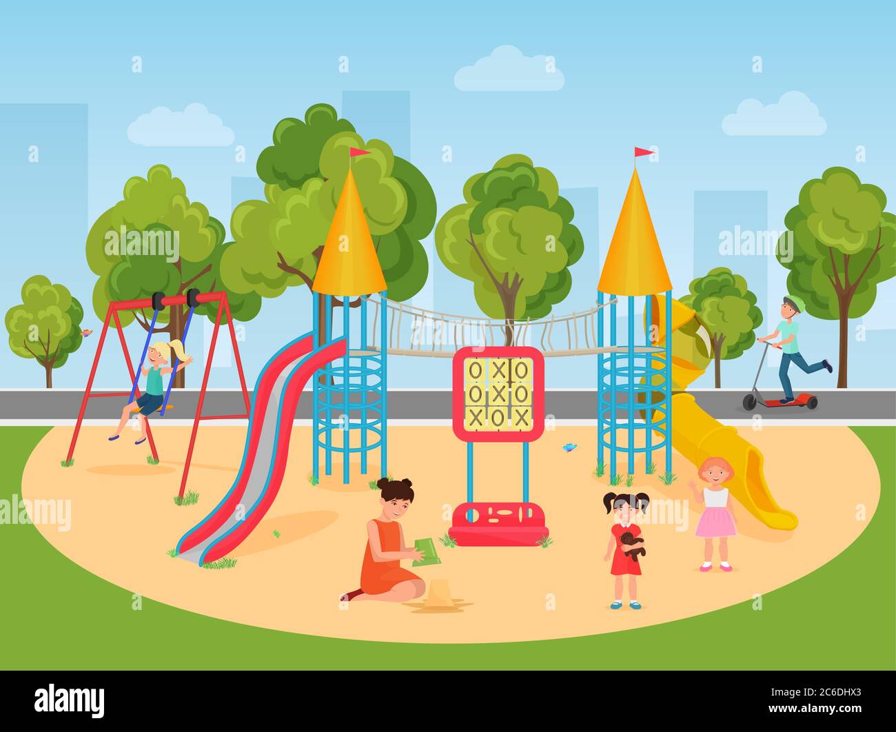 Kids children playing in the playground. Vector illustration Stock Vector