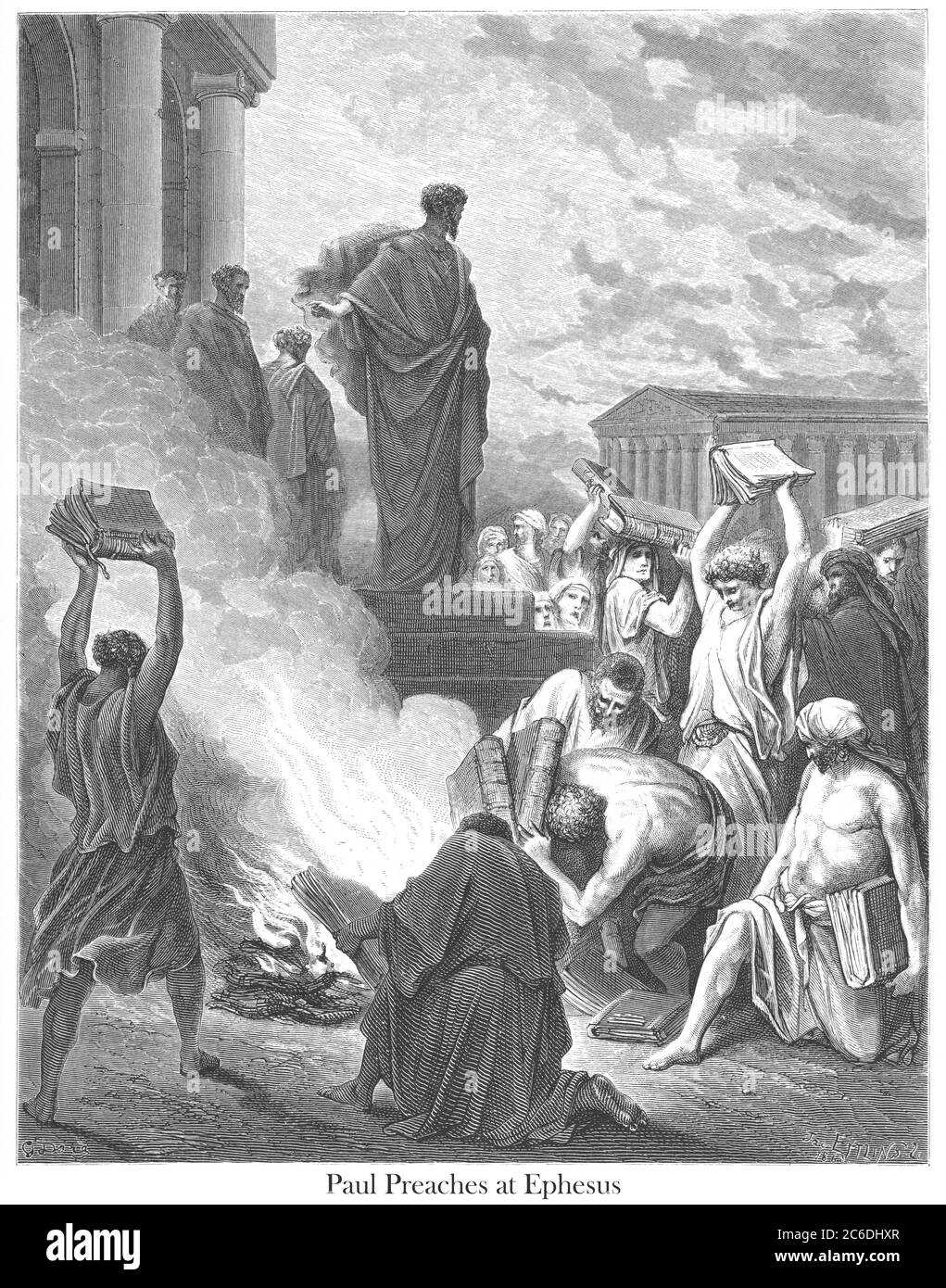 St. Paul at Ephesus [Acts 19:19] From the book 'Bible Gallery' Illustrated by Gustave Dore with Memoir of Dore and Descriptive Letter-press by Talbot W. Chambers D.D. Published by Cassell & Company Limited in London and simultaneously by Mame in Tours, France in 1866 Stock Photo