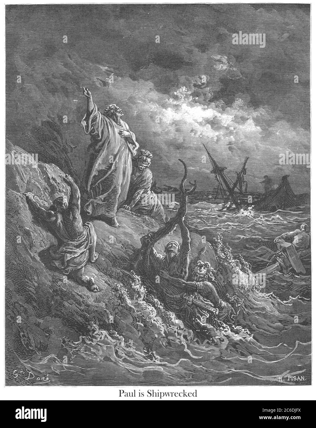 St. Paul Shipwrecked [Acts 27:43-44] From the book 'Bible Gallery' Illustrated by Gustave Dore with Memoir of Dore and Descriptive Letter-press by Talbot W. Chambers D.D. Published by Cassell & Company Limited in London and simultaneously by Mame in Tours, France in 1866 Stock Photo