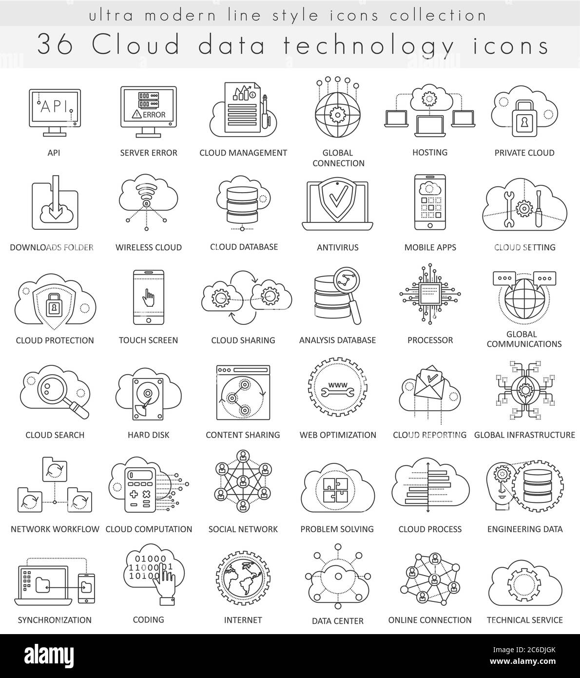 Vector Cloud data technology ultra modern outline line icons for web and apps Stock Vector