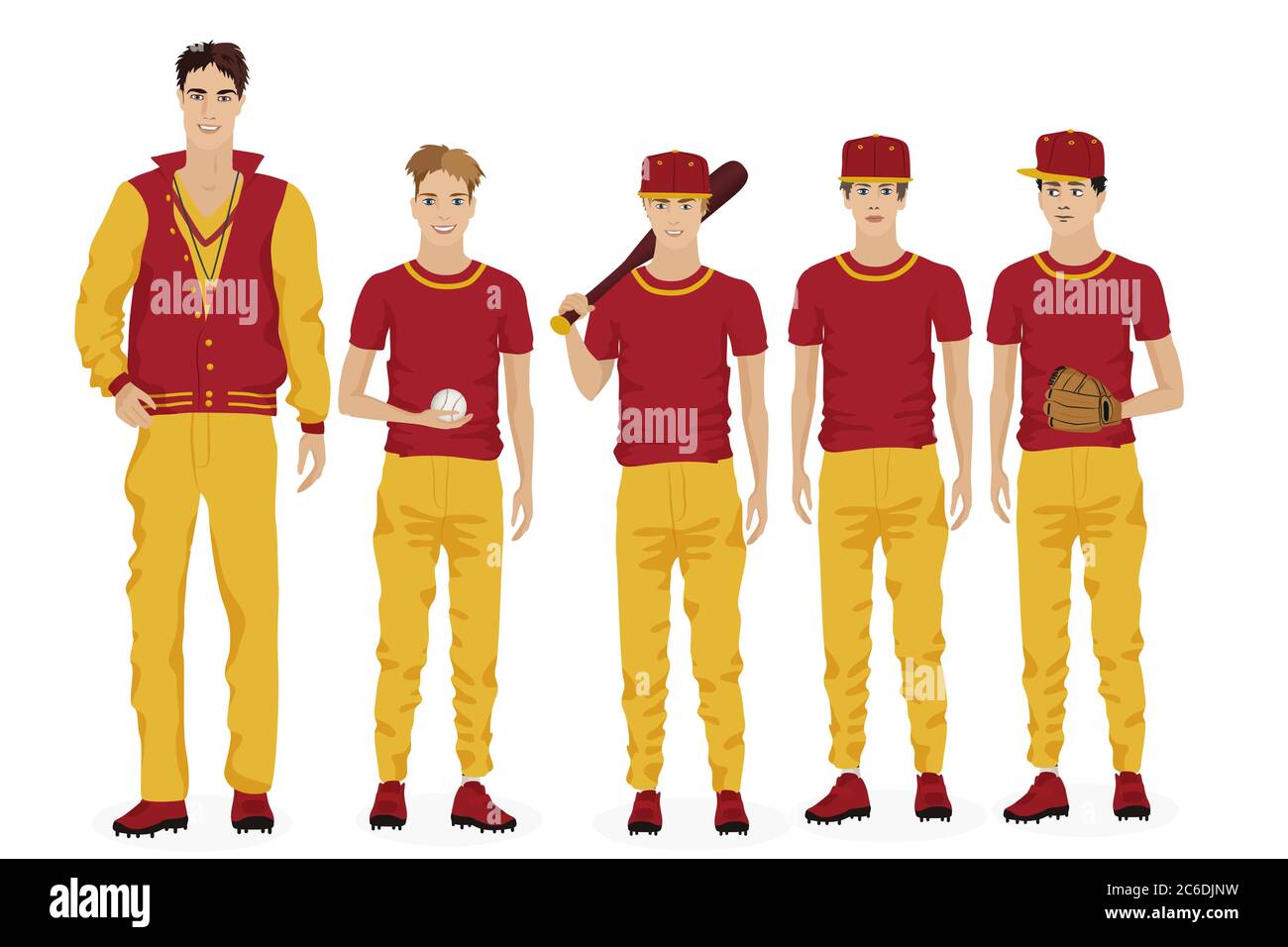 Young guys school baseball team with coach trainer. Vector illustration ...
