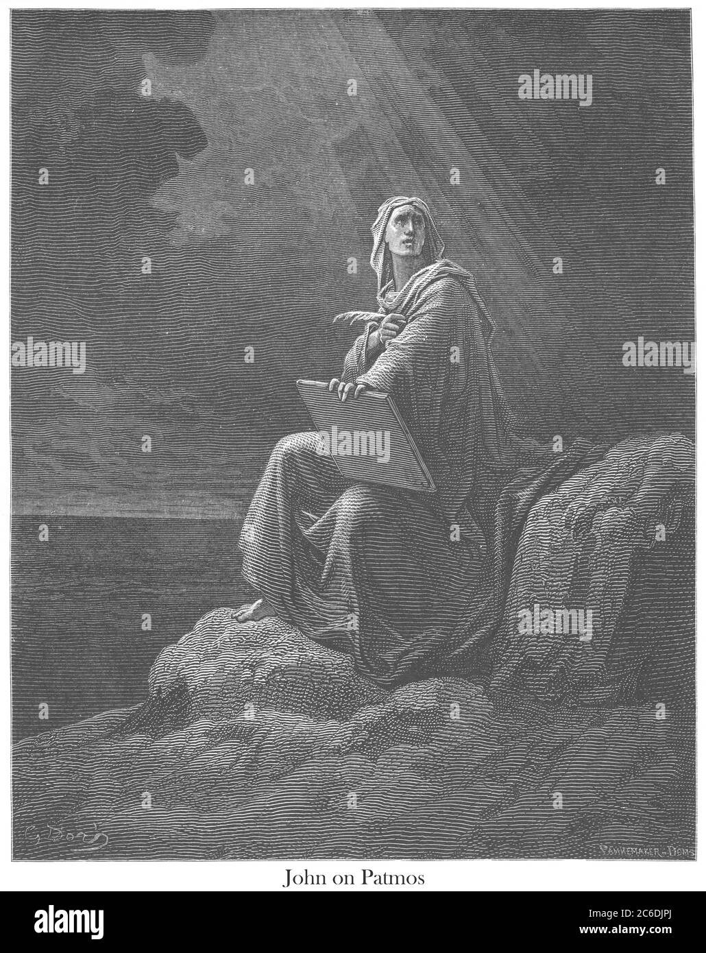 St. John at Patmos [Revelation 1:9] From the book 'Bible Gallery' Illustrated by Gustave Dore with Memoir of Dore and Descriptive Letter-press by Talbot W. Chambers D.D. Published by Cassell & Company Limited in London and simultaneously by Mame in Tours, France in 1866 Stock Photo