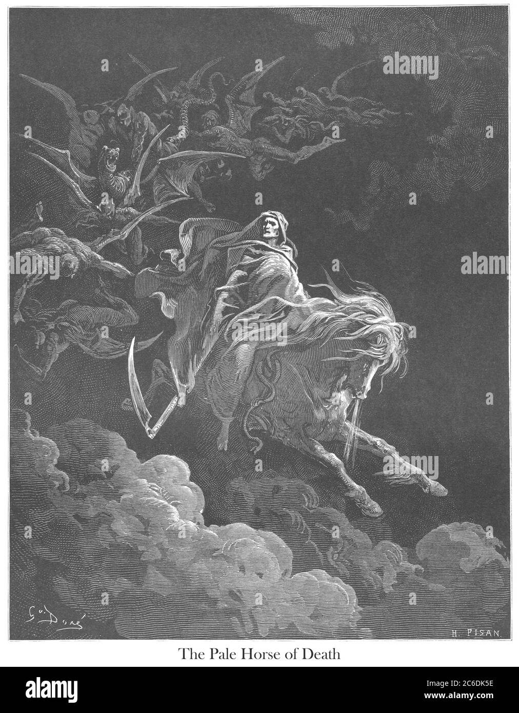 The Pale Horse of Death (or The Vision of Death) [Revelation 6:7-8] From the book 'Bible Gallery' Illustrated by Gustave Dore with Memoir of Dore and Descriptive Letter-press by Talbot W. Chambers D.D. Published by Cassell & Company Limited in London and simultaneously by Mame in Tours, France in 1866 Stock Photo