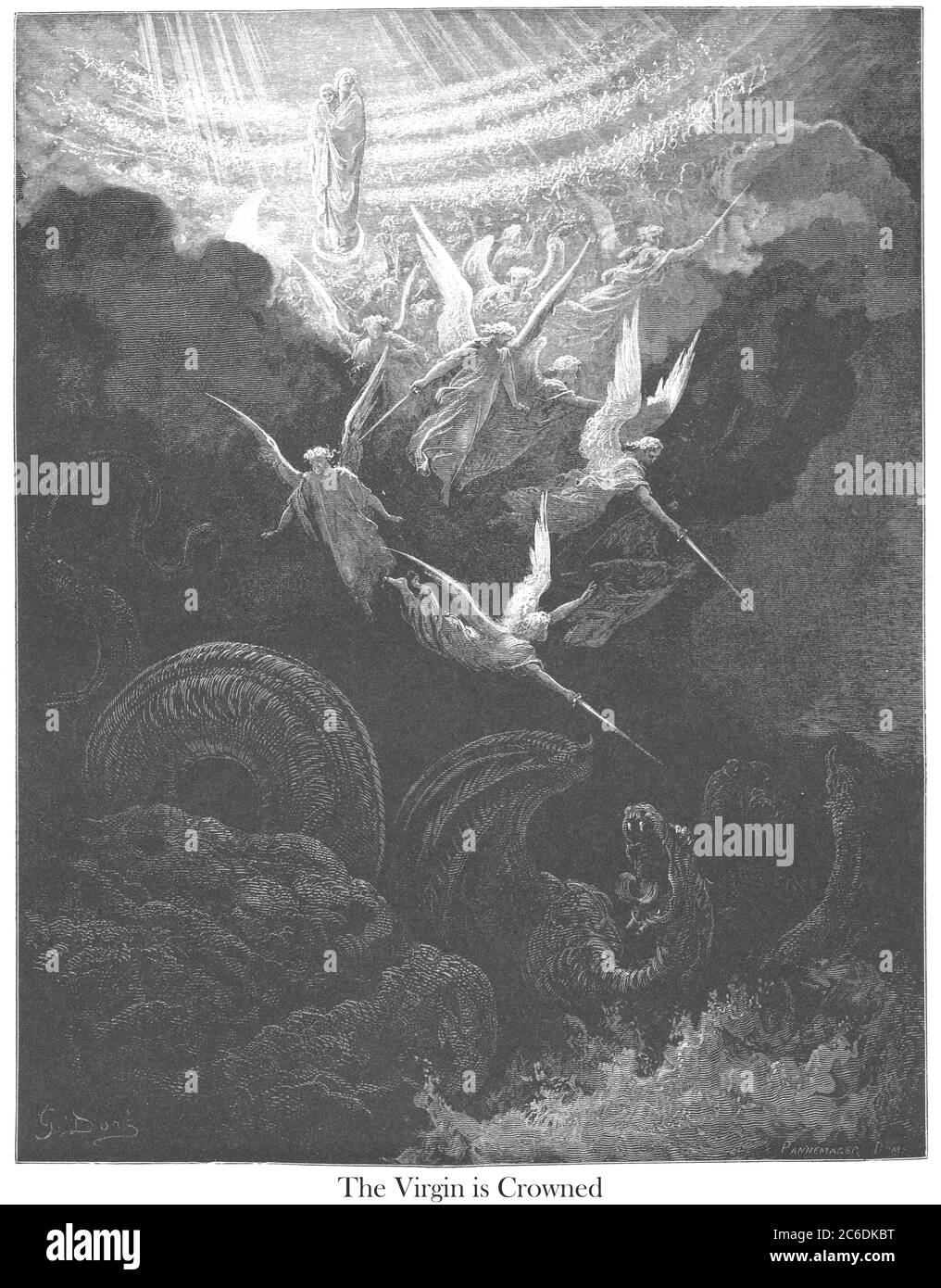 The Crowned Virgin: A Vision of John [Revelation 12:1-3] From the book 'Bible Gallery' Illustrated by Gustave Dore with Memoir of Dore and Descriptive Letter-press by Talbot W. Chambers D.D. Published by Cassell & Company Limited in London and simultaneously by Mame in Tours, France in 1866 Stock Photo