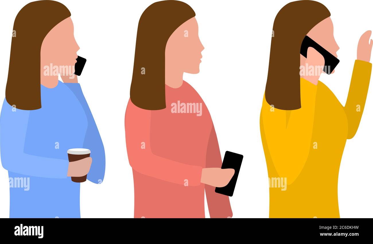 Woman with a phone in her hand, talking on the phone. Set of vector illustrations on the theme of mobile communications, flat design Stock Vector