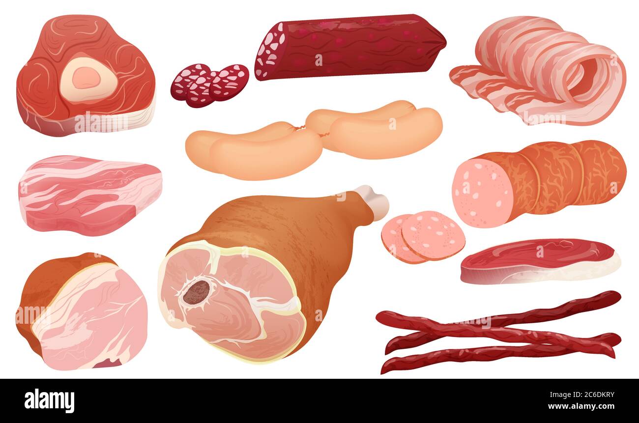 Different kinds of meat collection. pork meat, veal and ham meat, salami slices, sausage, bacon and beef. Fresh steak Stock Vector