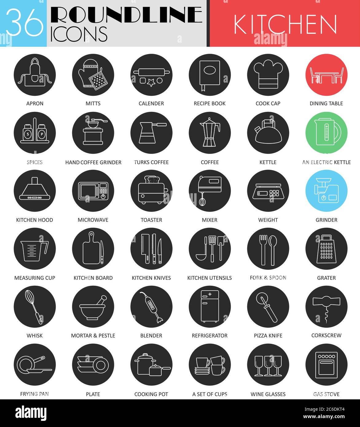Vector Kitchen circle white black icon set. Modern line black icon design for web Stock Vector