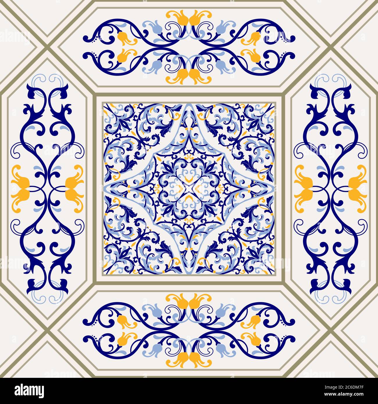 Seamless colorful tile in turkish style. Azulejos tile patchwork. Portuguese and Spain decor. Islam, Arabic, Indian, motif. Hand drawn background. Stock Vector