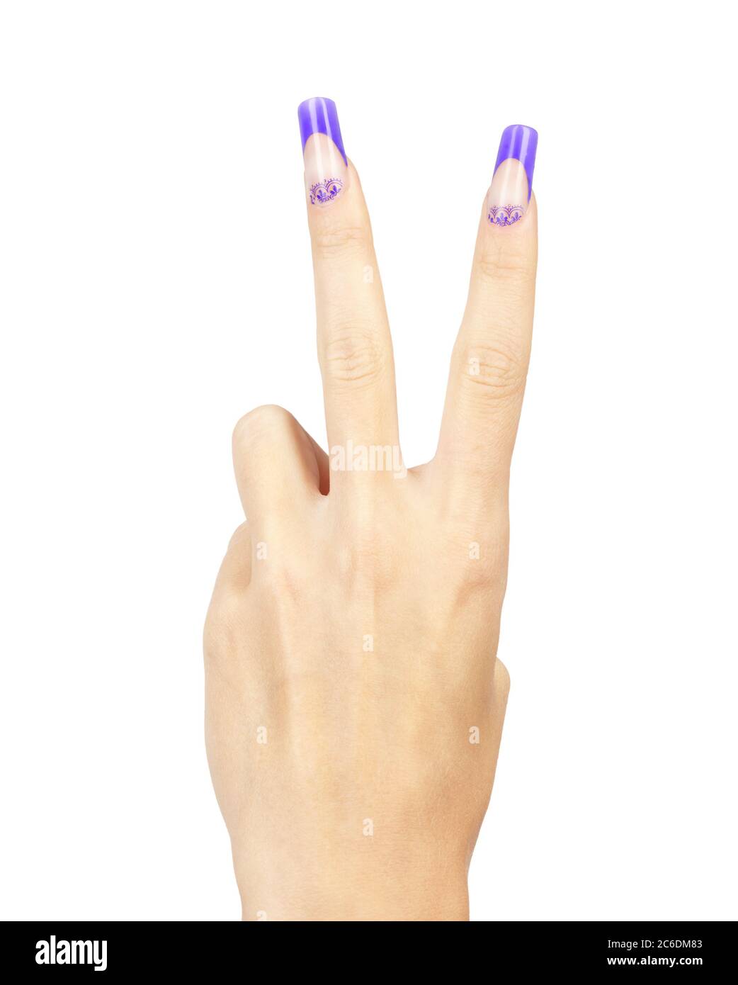 Victory Sign Hand With Blue French Acrylic Nails Manicure And Painting Isolated On White Background Stock Photo Alamy