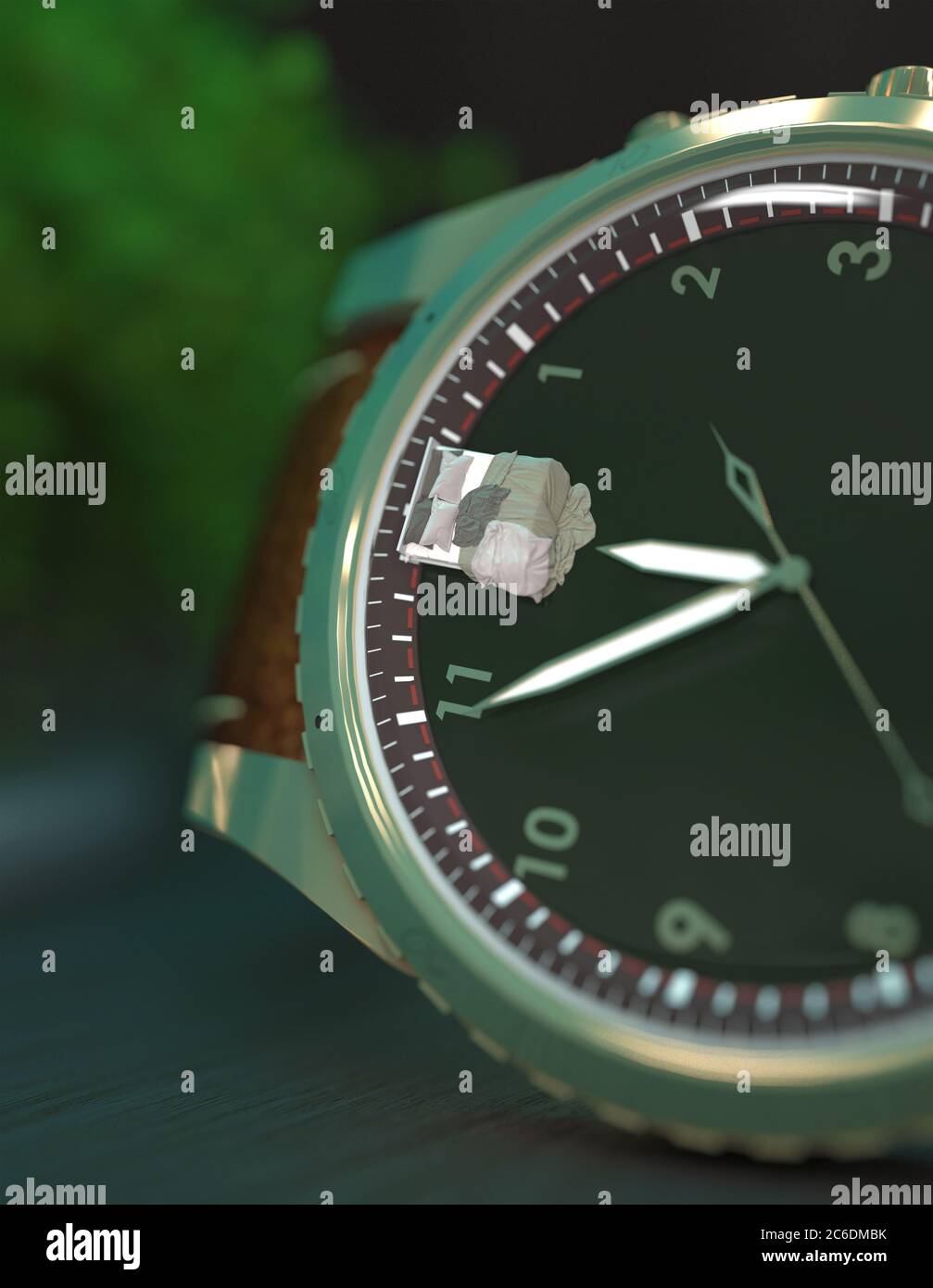 Wristwatch close-up with the hands of the clock at twelve o'clock midnight and a bed on the dial. Creative conceptual illustration. Time to sleep. 3D Stock Photo