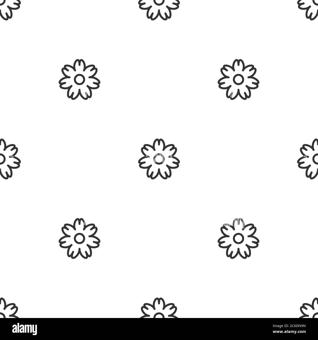 Seamless daisy flower pattern. Black outline flat blossoms on white ...