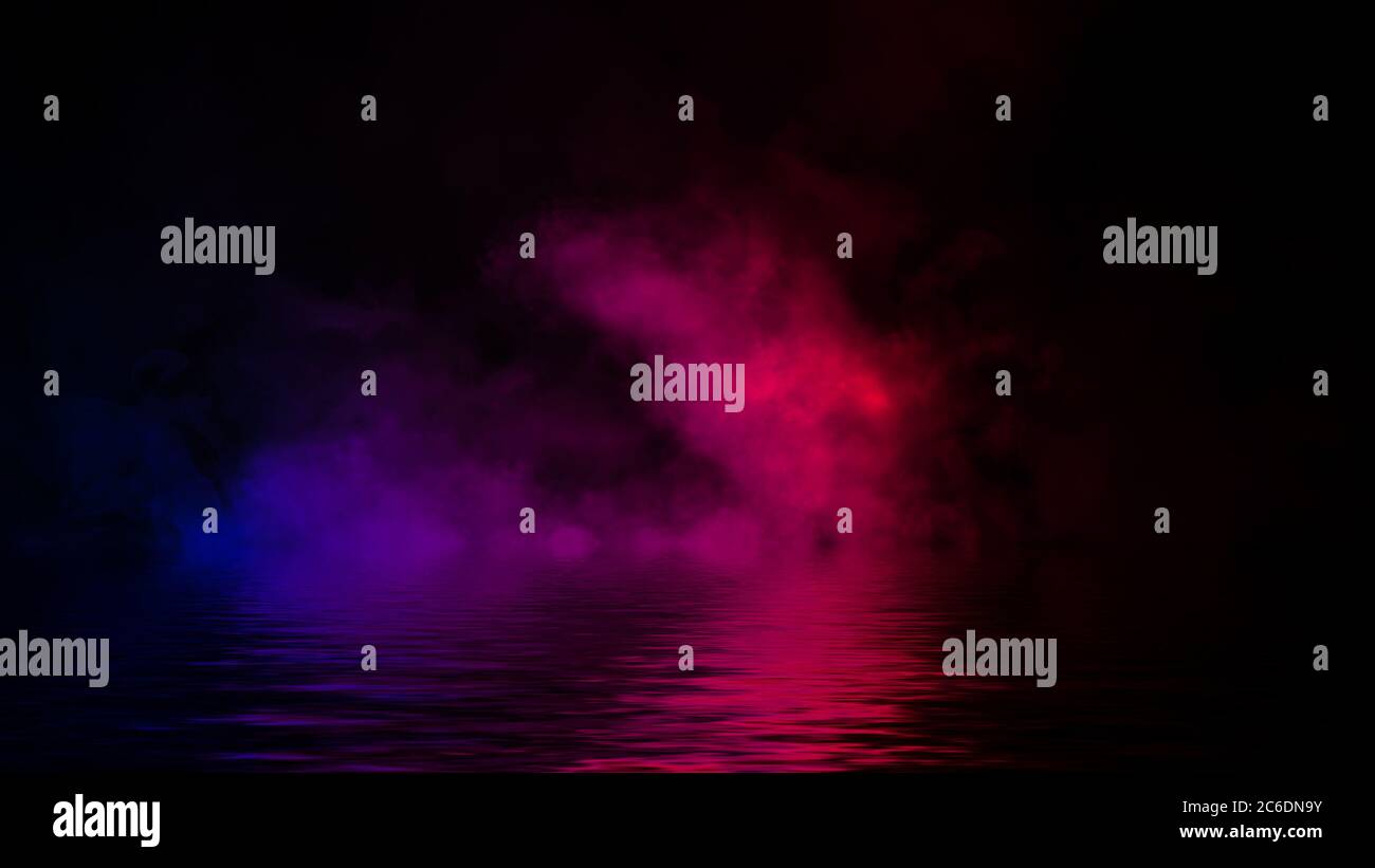 Abstract multi color fog smoke effects on isolated black background with rerflection in water . Creative texture. Stock Photo