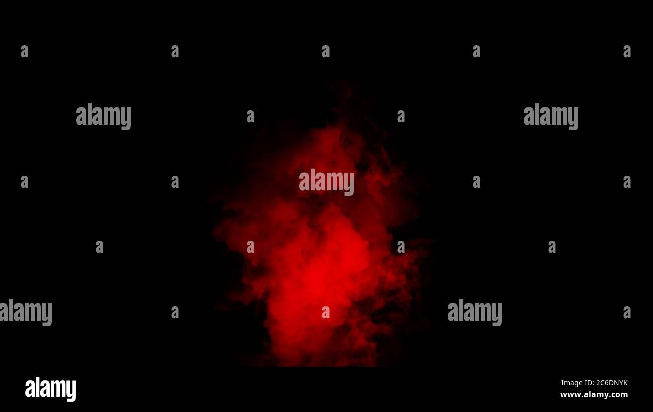Explosion red fog on isolated black background. Experiment chemistry