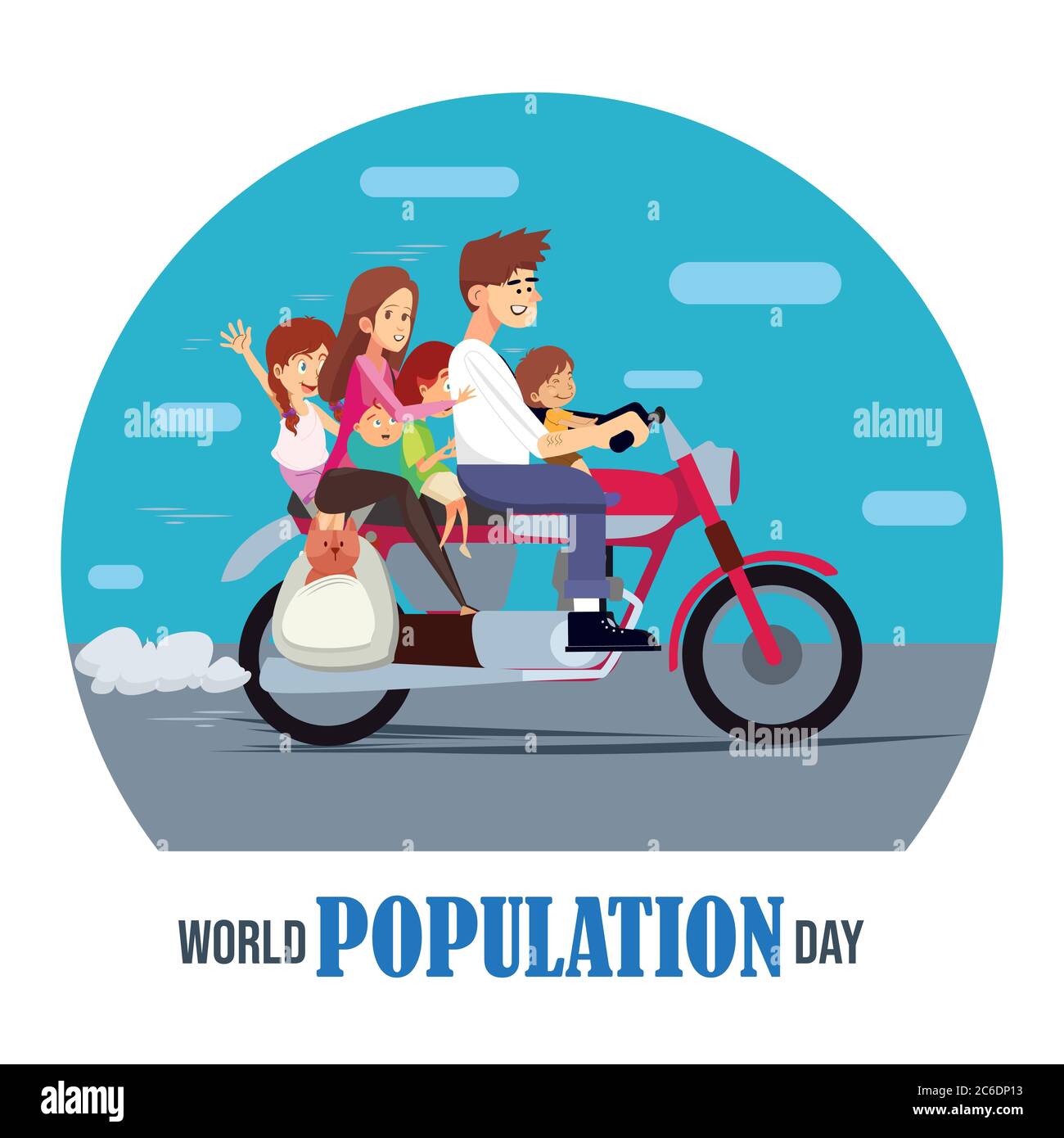 World population day, flat illustration of whole family with pet dog on a motorbike, motorcycle poster, vector Stock Vector
