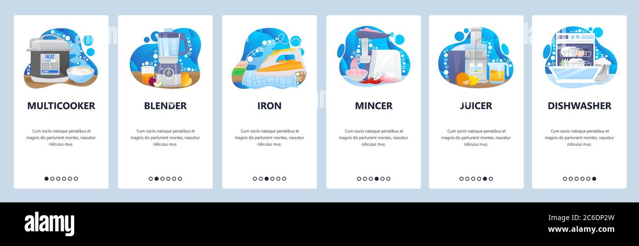 Home appliances kitchen electronics. Mobile app onboarding screens