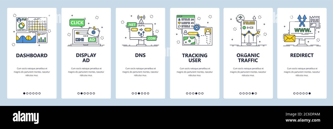 User activity tracking mobile app onboarding screens, vector website