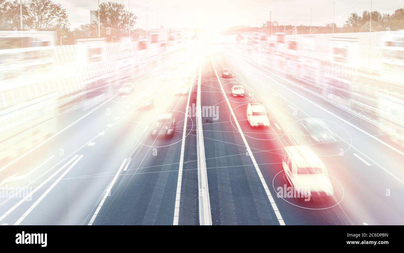 Smart Traffic System Concept, car, connection, transportation, Big data, data stream, Safety system, Smart city. 5G, city, artificial intelligence, co Stock Photo