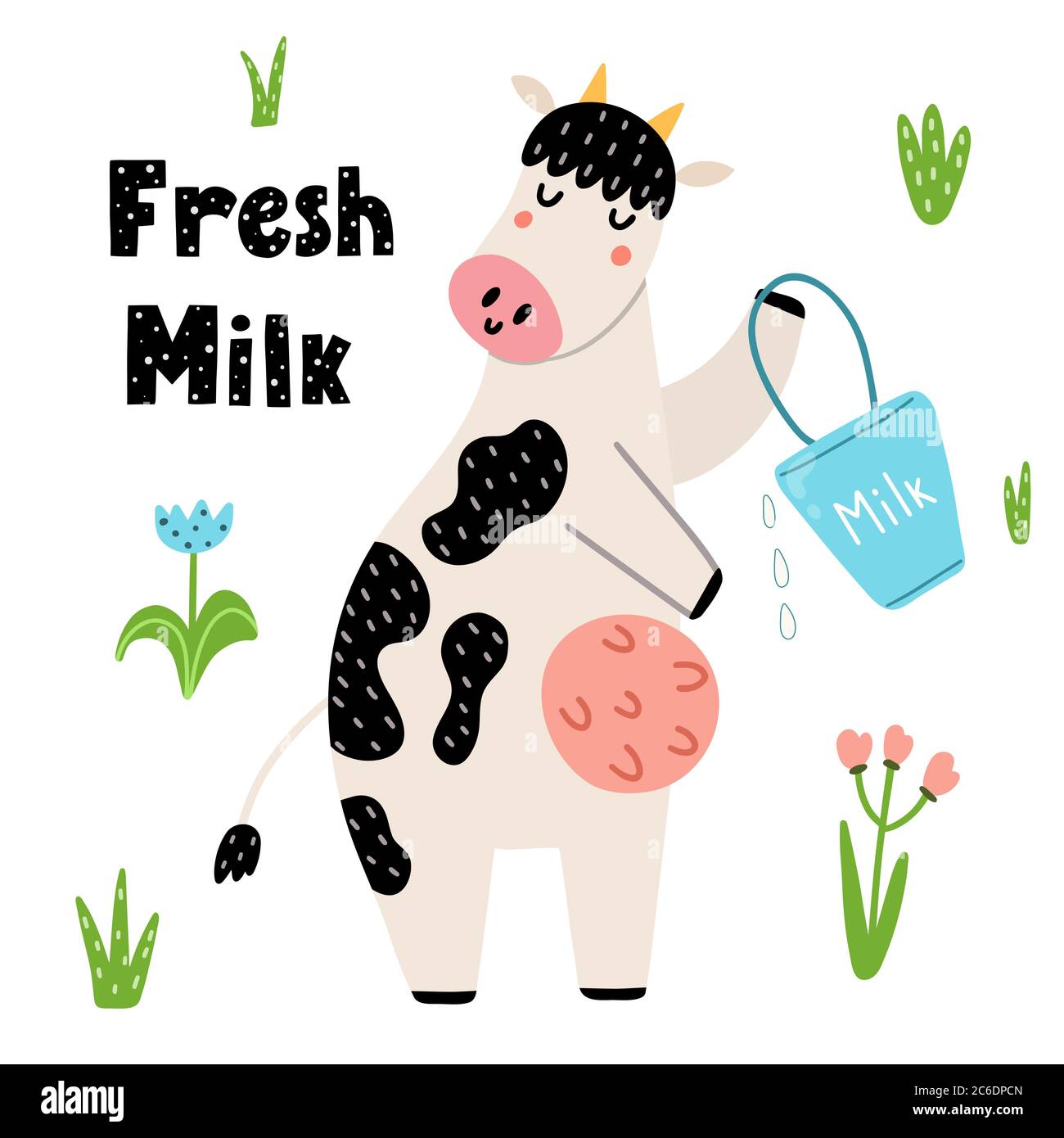 Fresh milk funny print with a cute cow with a bucket Stock Vector Image &  Art - Alamy