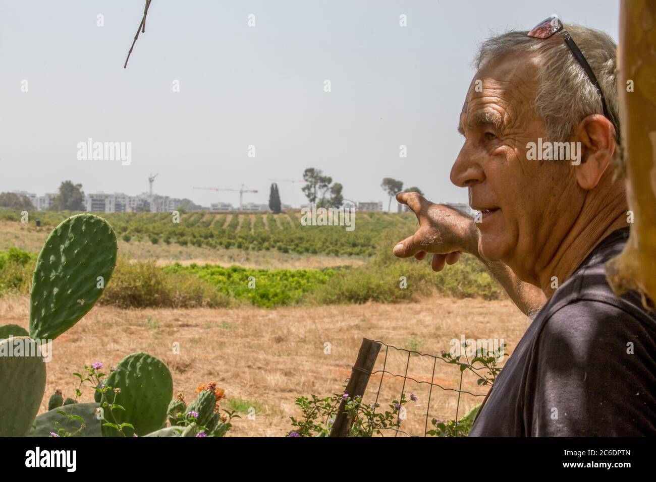urban development is creeping up and consuming arable land. The farmer points to the new city being built near his fields. Photographed in Haniel [a m Stock Photo
