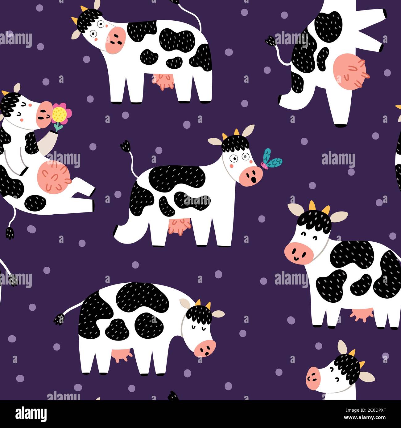 Funny cows seamless pattern. Funny farm characters background Stock Vector