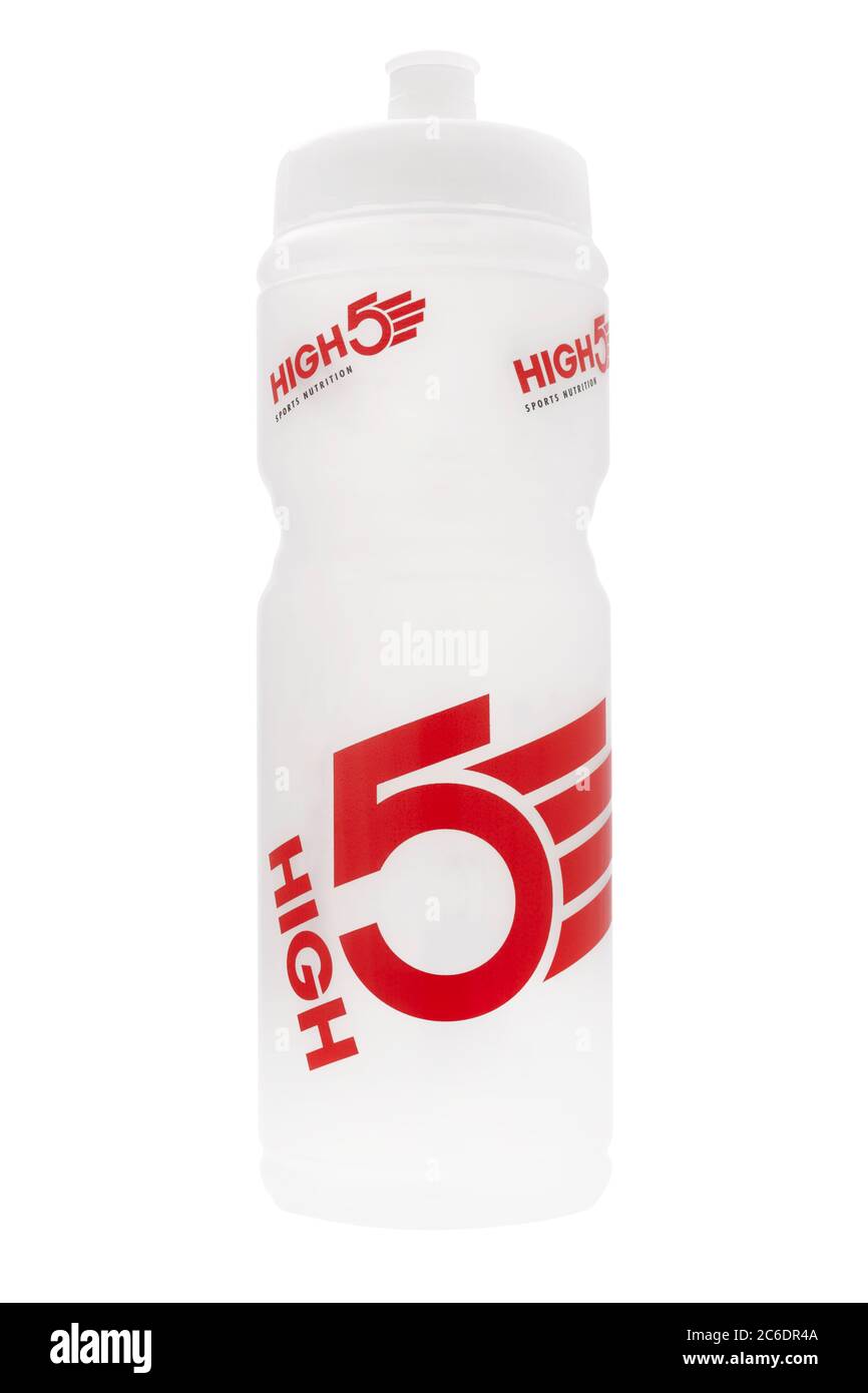 High 5 sports reusable plastic water bottle on white background Stock Photo