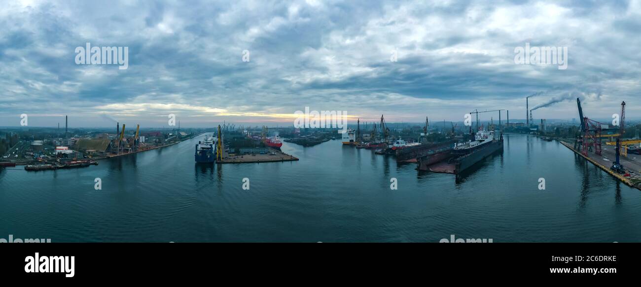 air panorama of ship yard with ships and dry docks at Gdansk Poland Stock Photo