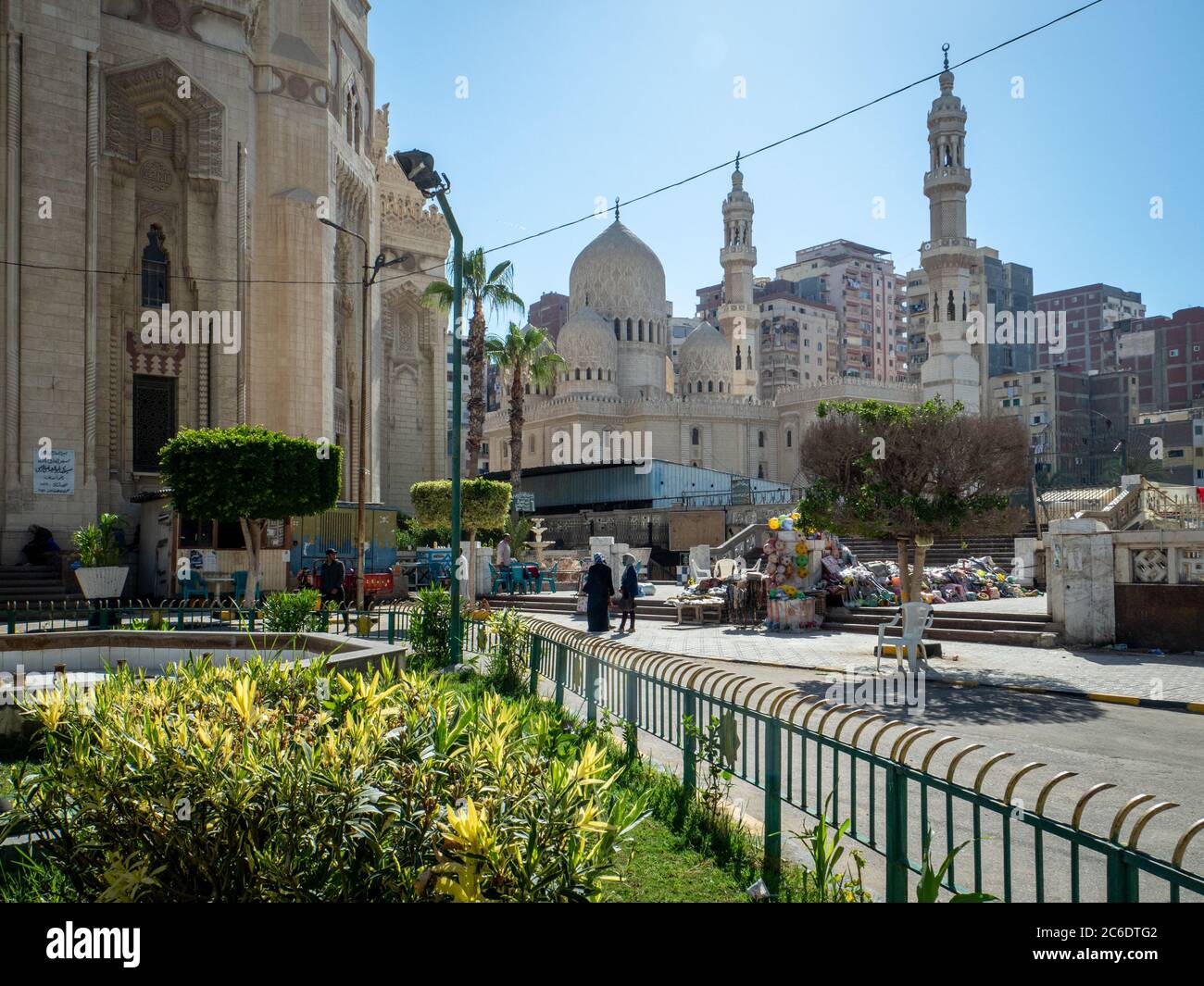 two mosques in Alexandria Egypt with some garden Stock Photo
