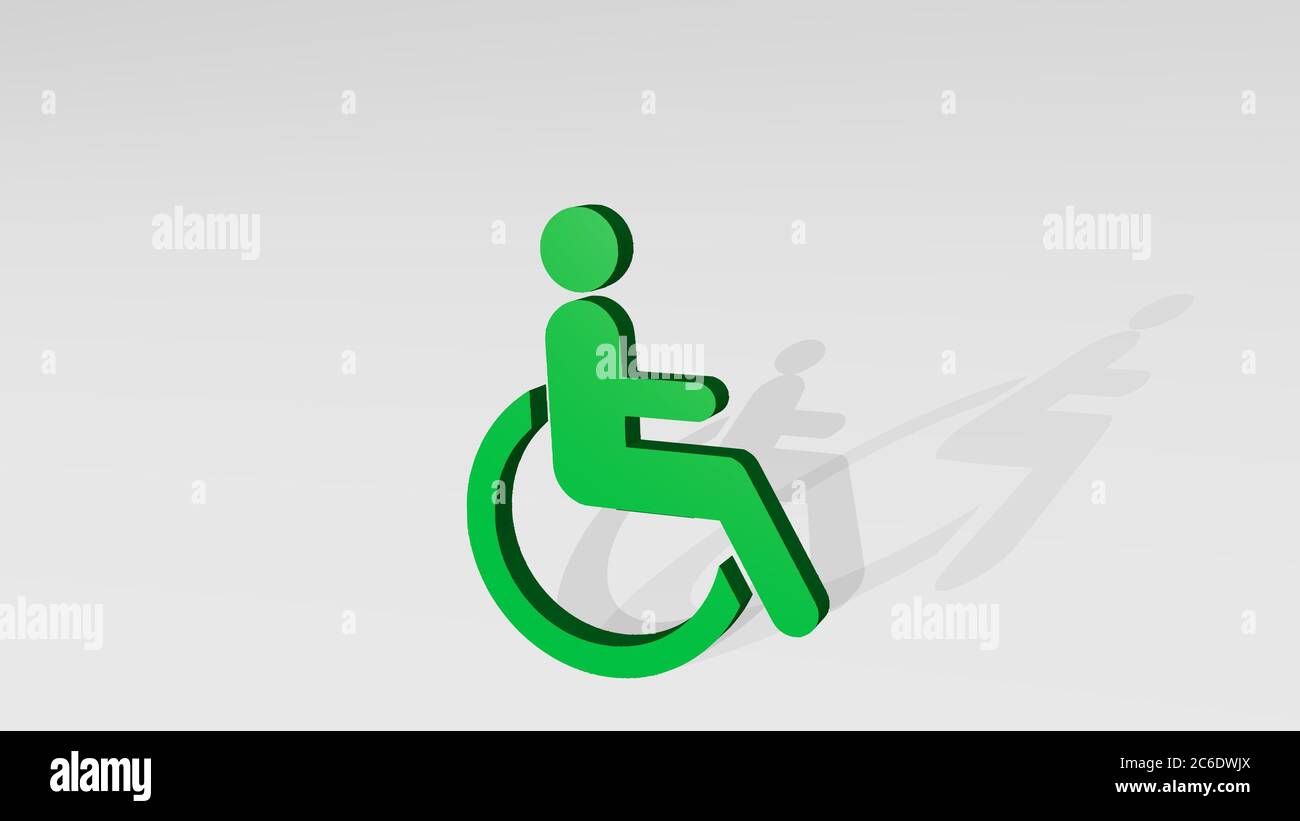 disabled symbol of wheelchair from a perspective on the wall. A thick sculpture made of metallic materials of 3D rendering. disability and care Stock Photo