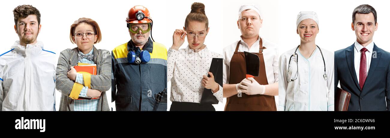 Portrait of people of different professions on white studio background ...