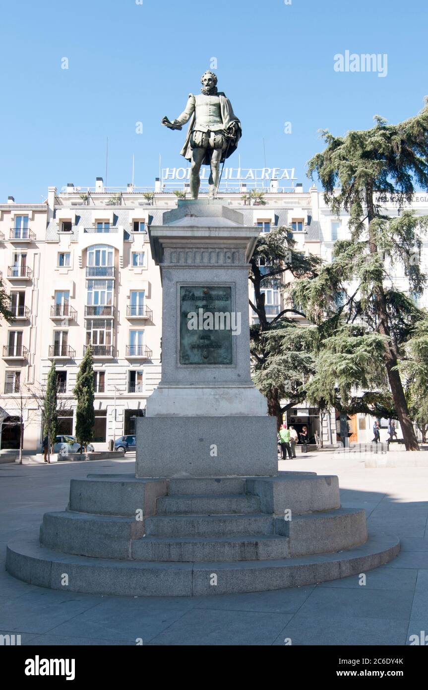 Miguel de Cervantes Saavedra's statue in front of the Spanish Congress of Deputies in Madrid, Spain Stock Photo