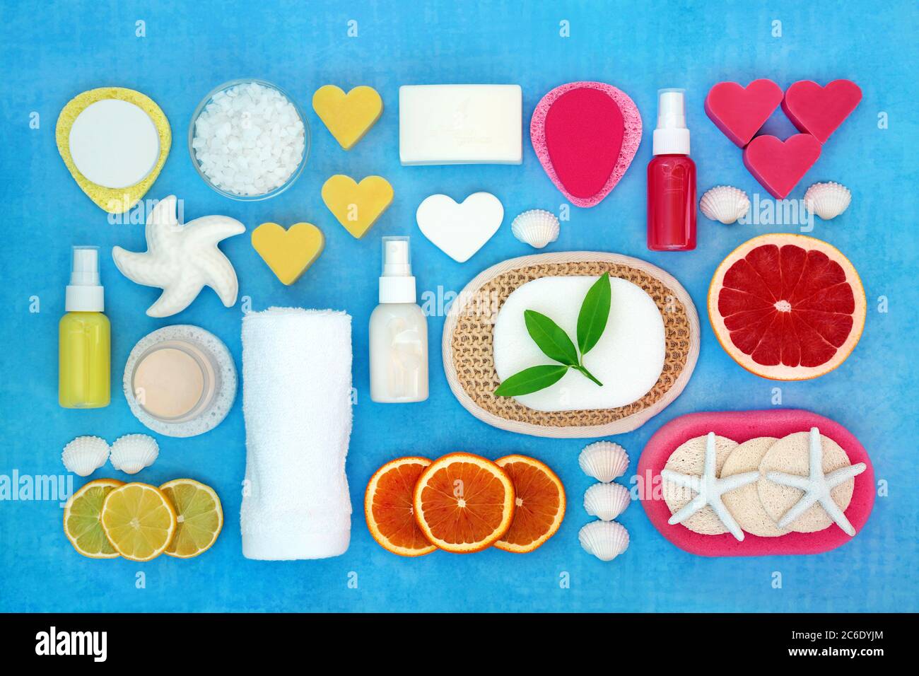 Skin care beauty treatment with citrus fruit, ex foliation, moisturiser & spa cleansing products for a youthful skin. Natural health concept. Flat lay Stock Photo