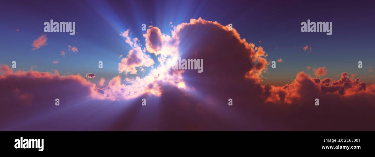 Sun Rays Render above clouds sun ray sunset. 3d render illustration Stock Photo - Alamy