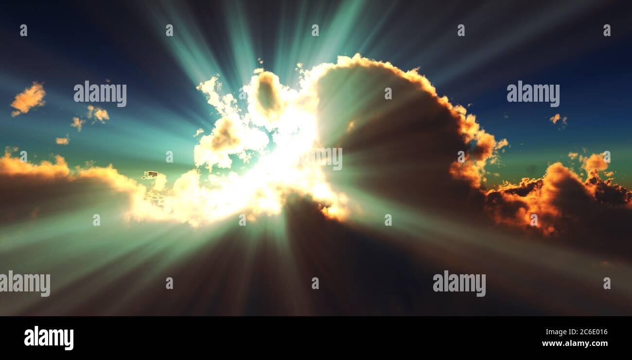 Sun Rays Render above clouds sun ray sunset. 3d render illustration Stock Photo - Alamy