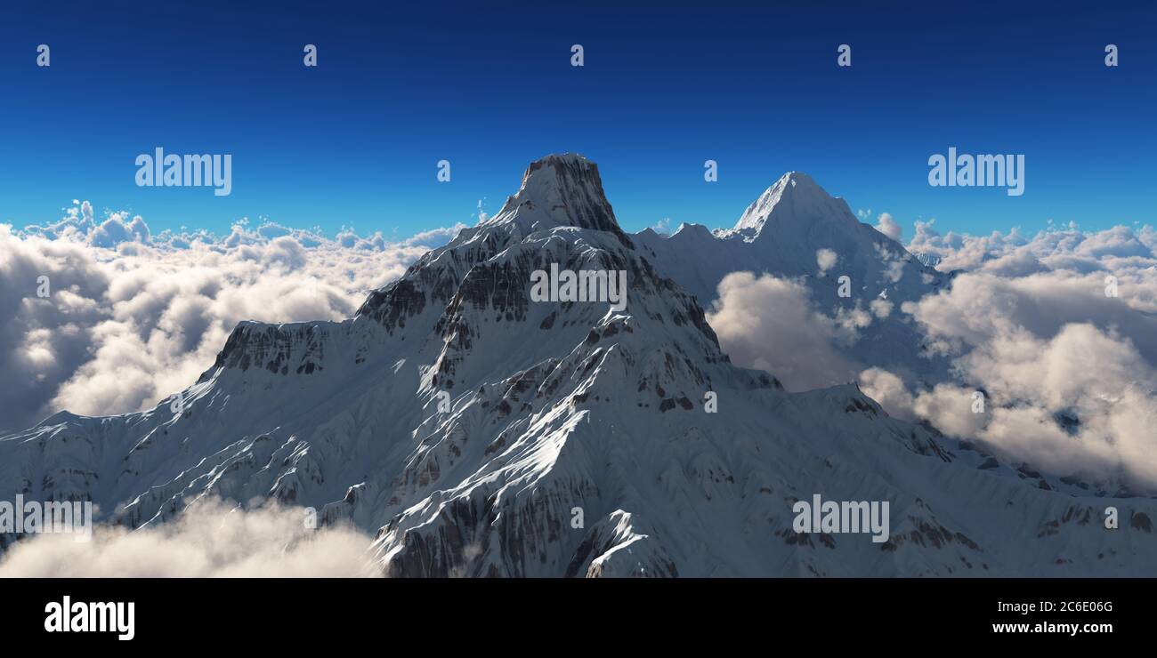 Mountains Computer Simulated Mountain panorama over the clouds. Computer generated 3D illustration ...