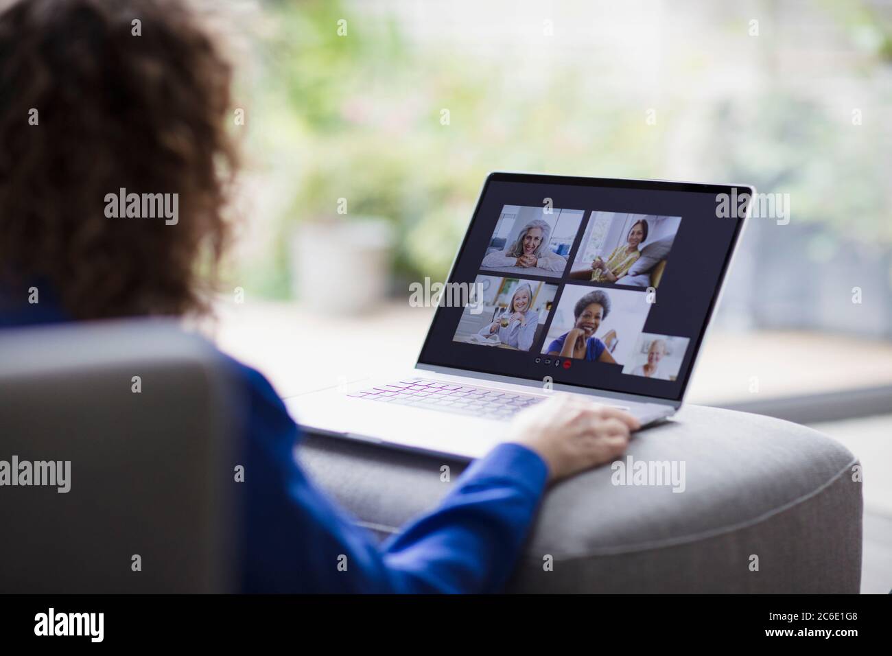 Senior women friends video conferencing on laptop screen Stock Photo