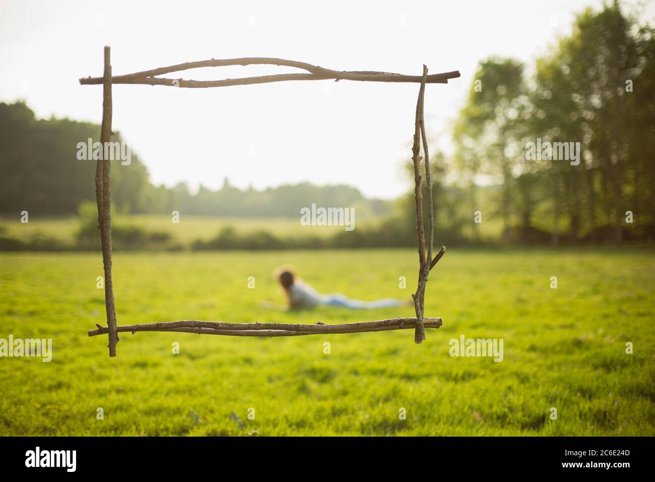Branch frame over young woman laying in sunny grass field Stock Photo
