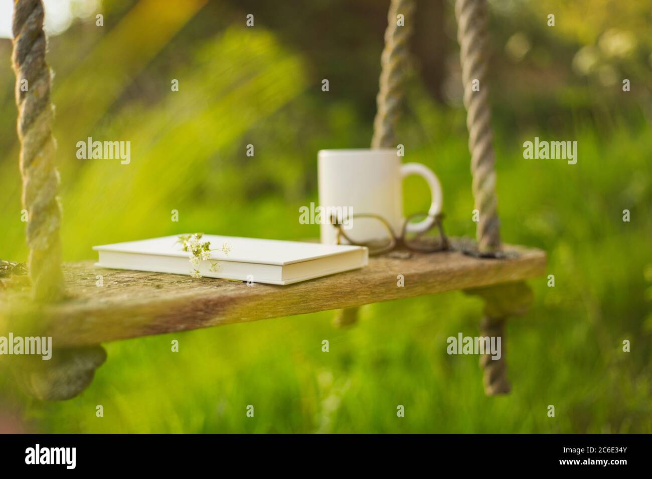 Book coffee and eyeglasses on rustic swing Stock Photo