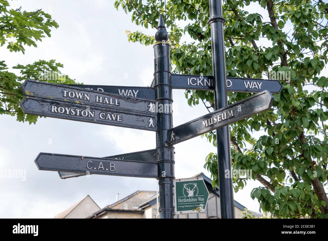 Tourist signpost in the centre of Royston, Hertfordshire, UK. Stock Photo