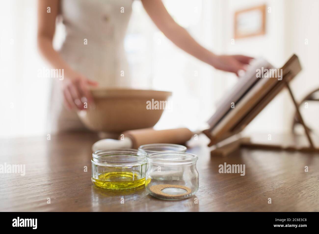 Baking ingredients on kitchen counter Stock Photo - Alamy