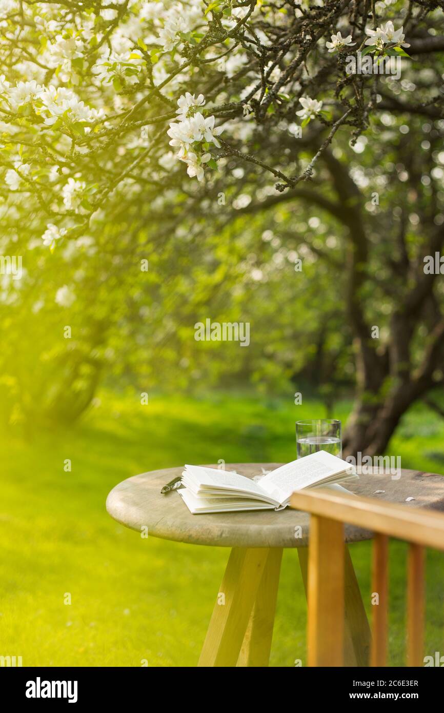 Open journal on table in sunny idyllic garden Stock Photo