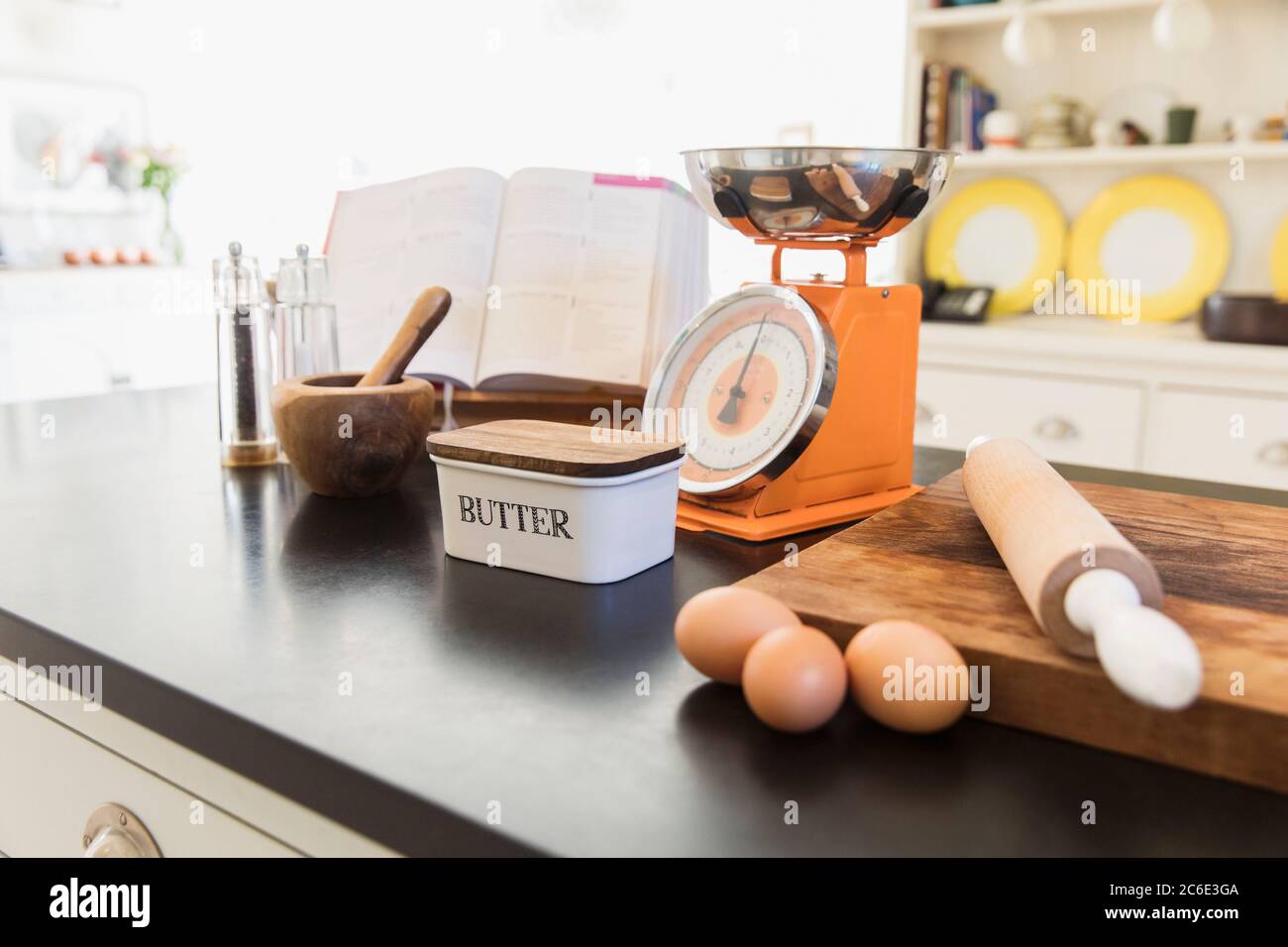 Baking ingredients on kitchen counter Stock Photo