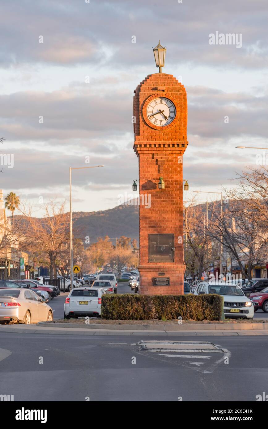 The World War Two Memorial clock at Church and Market streets in Mudgee NSW, was donated by local theatre owner Ivan Adams and his wife in 1953. Stock Photo