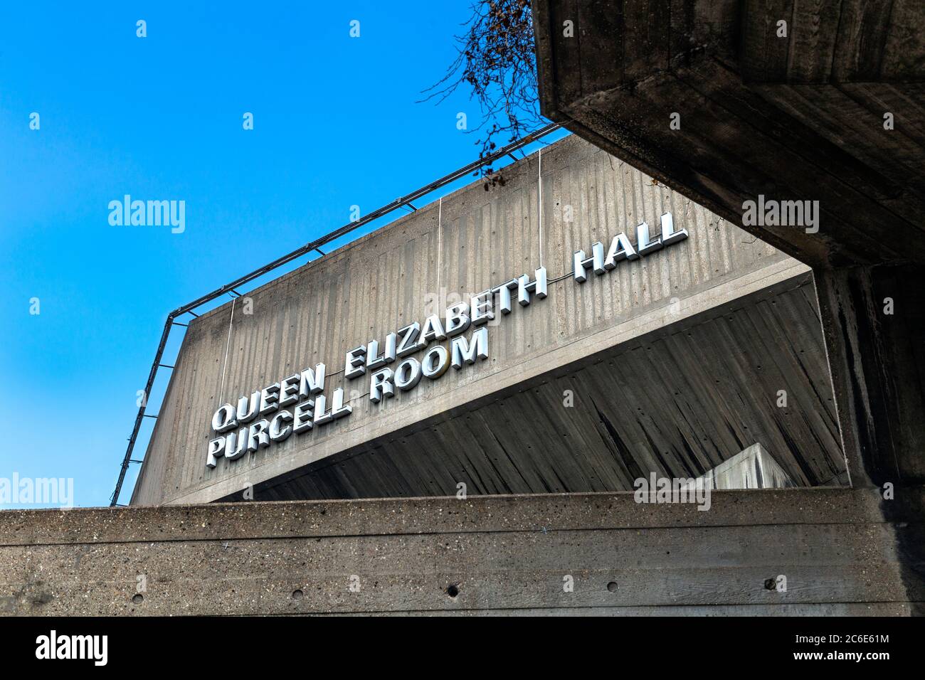 Close-up of sign on the facade of Queen Elizabeth Hall and Purcell Room at the Southbank Centre, London, UK Stock Photo