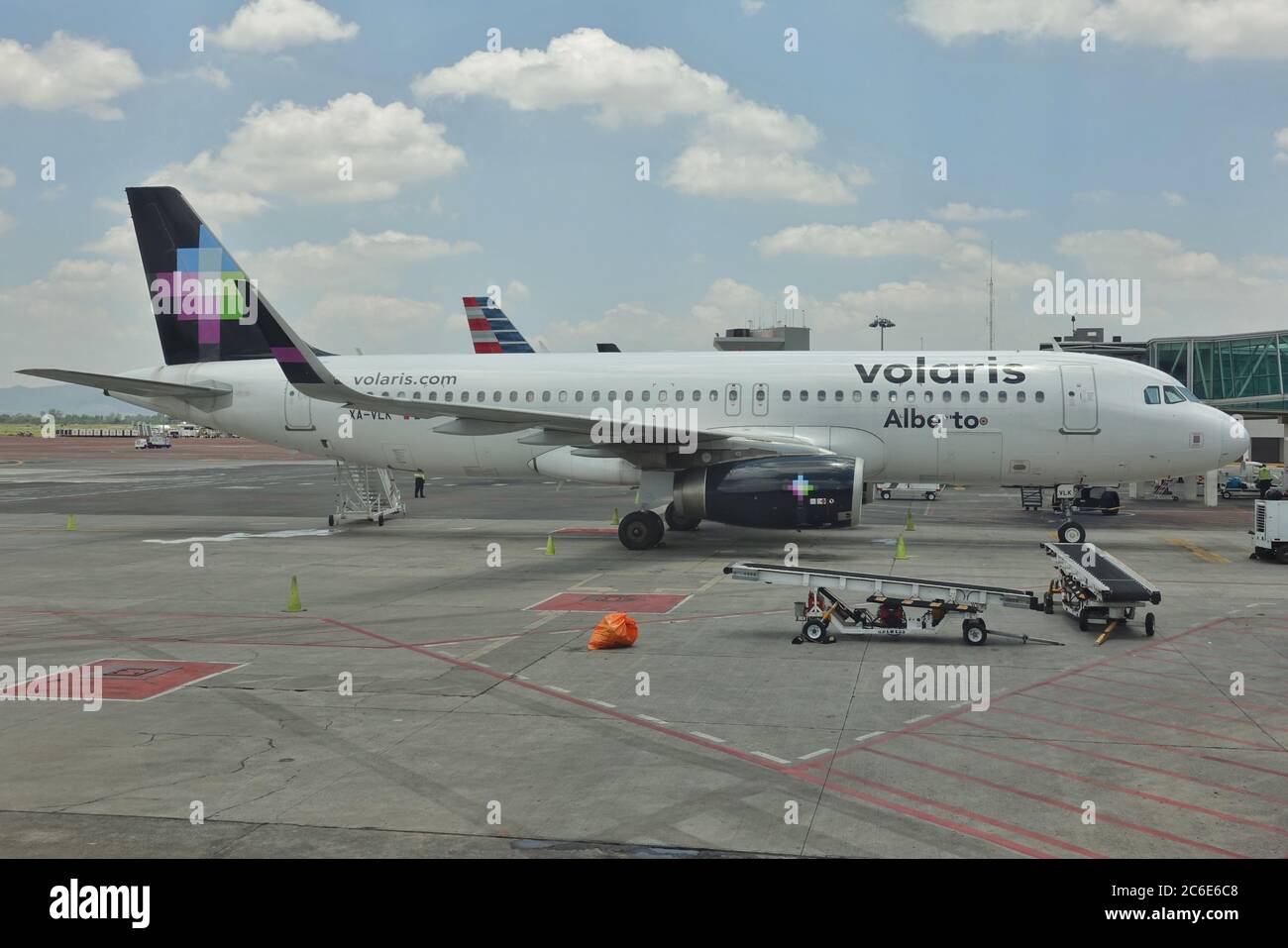 GUADALAJARA, MEXICO 4 JUL 2020 View of a plane from Mexican lowcost