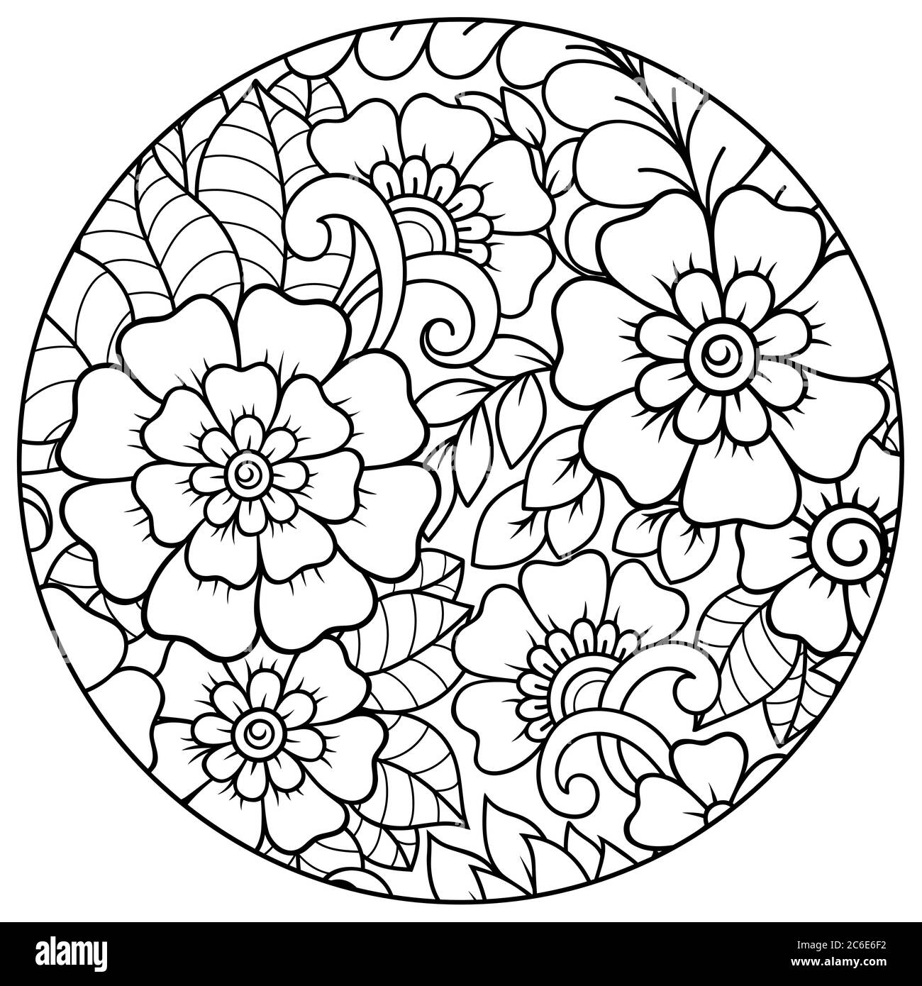 Outline round floral pattern for coloring the book page